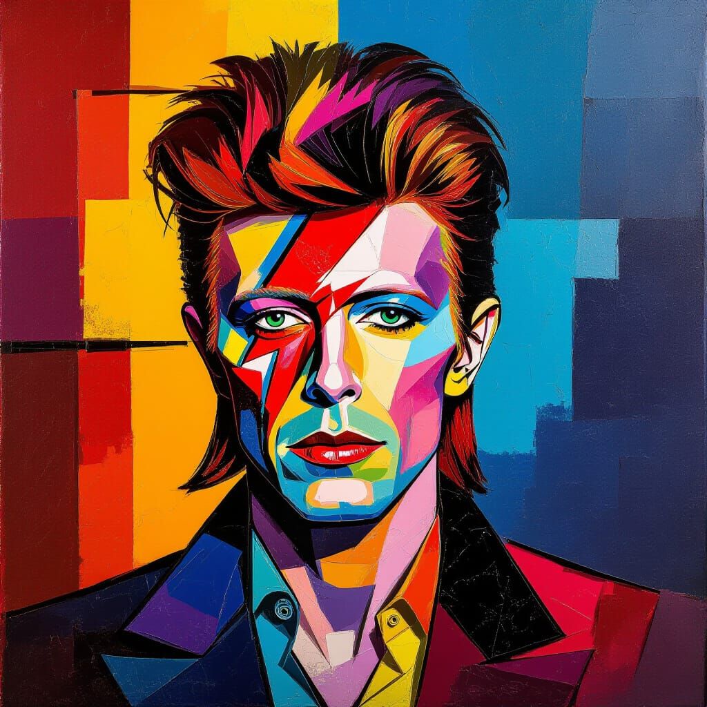David Bowie Abstract Portrait in Neon Art Deco Style