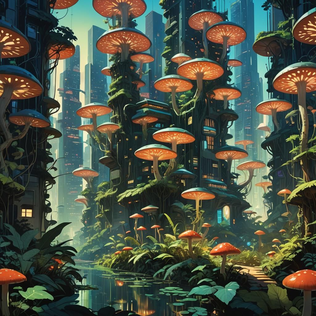Eco-Futuristic City in a Bioluminescent Jungle