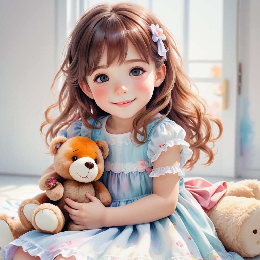 With bright, realistic colors: “A smiling six-year-old anime girl with sweet eyes, bright brown hair and a beautiful chi...