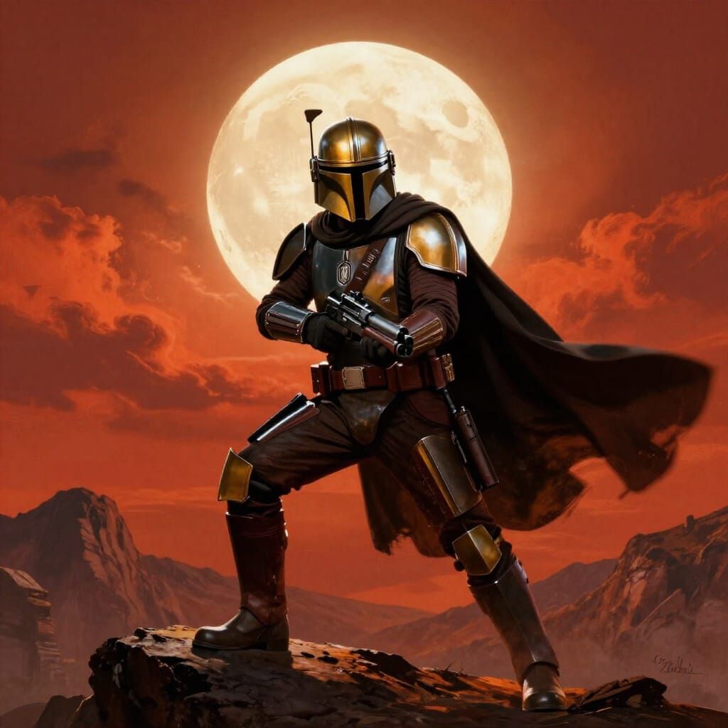 Mandalorian Warrior Under Glowing Full Moon