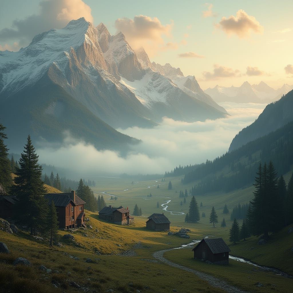 Viking Village at Dawn in Snow-Capped Mountains