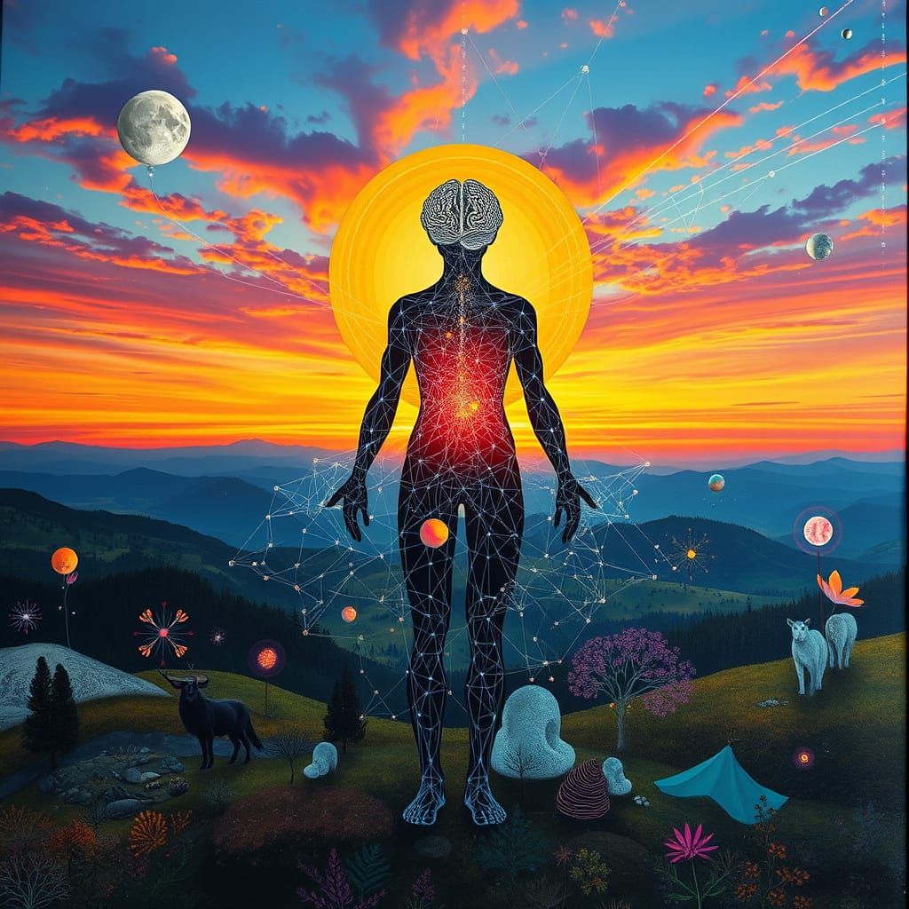 Dreamlike Hybrid Collage in Vibrant Colors and Bio Art Style