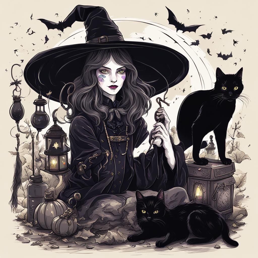 Witch and Black Cat with Erotic Objects