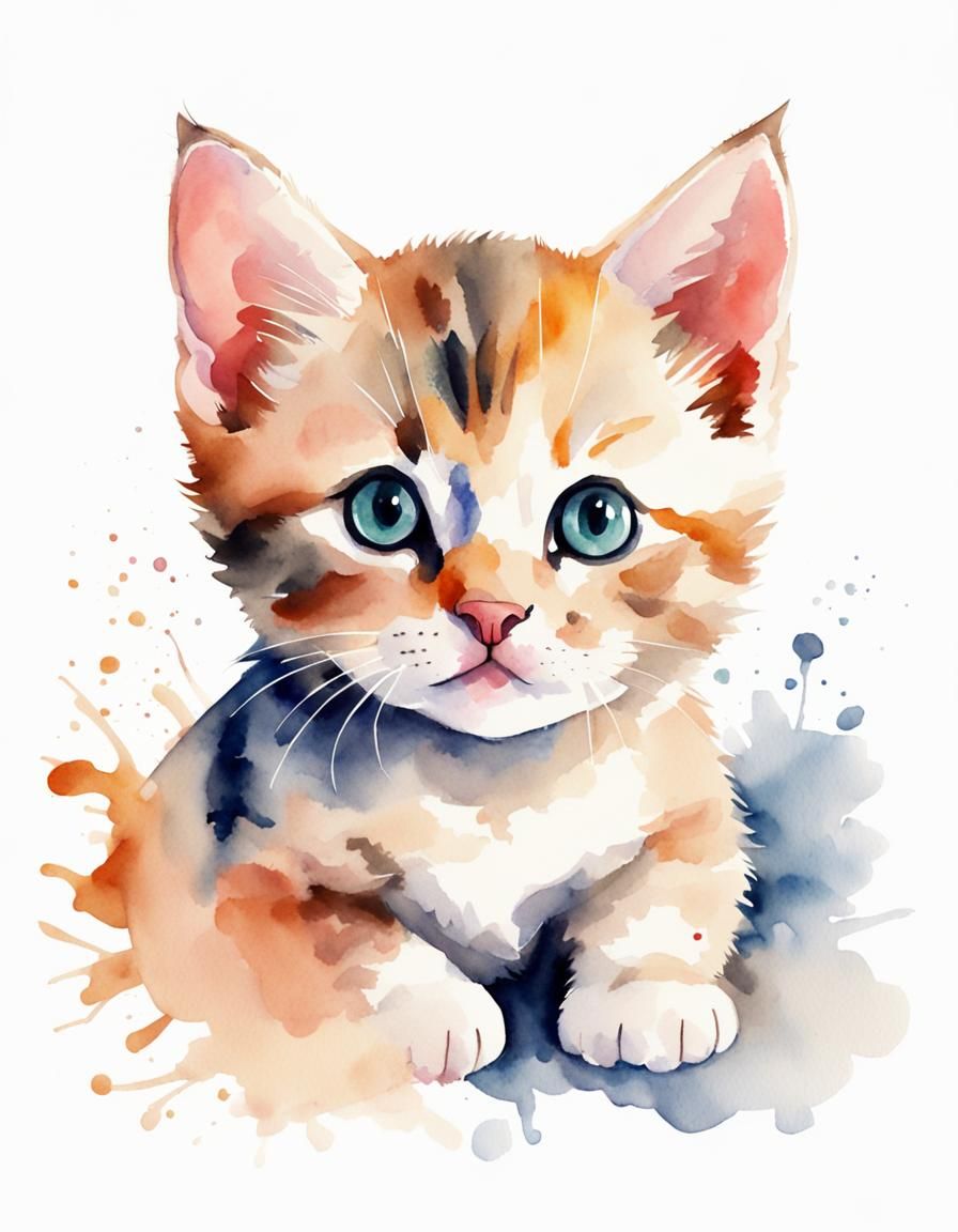 Cute Kitten in Watercolor Style