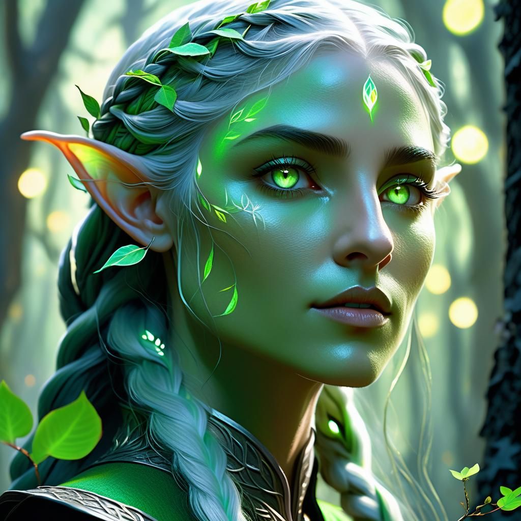 Elegant Elf Portrait in Mystical Forest, Oil Painting