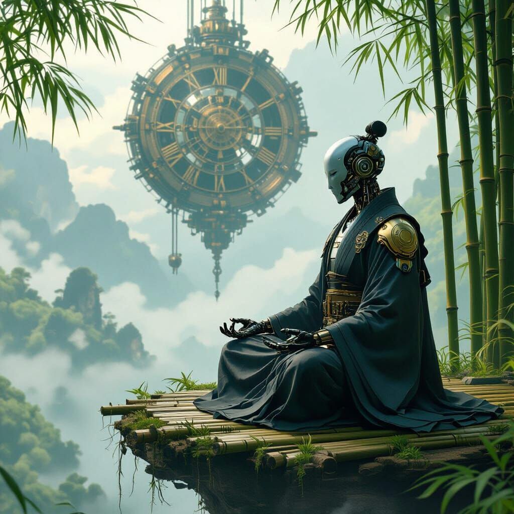 Cyborg Monk Meditates on Floating Steampunk Island