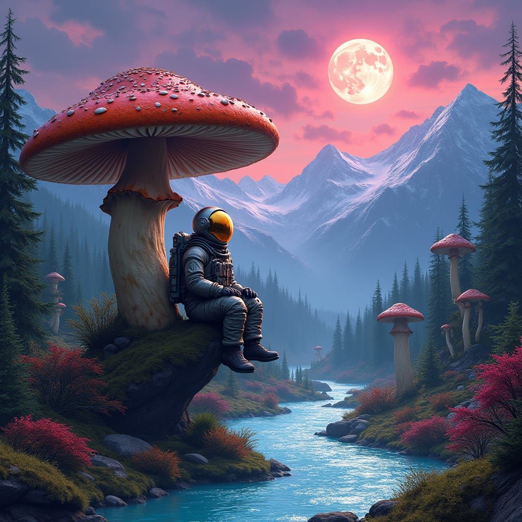 Astronaut on Toadstool in Neon Landscape