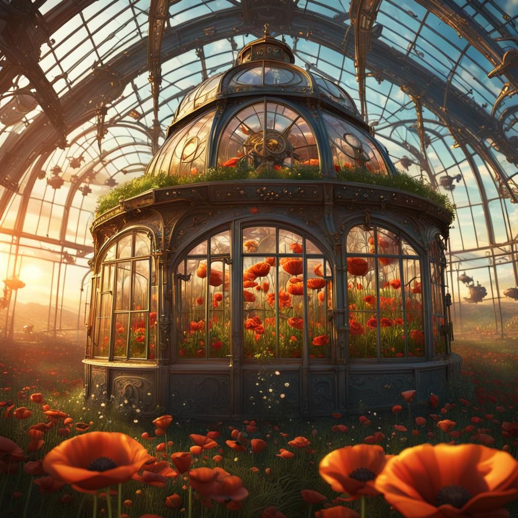 Steampunk Greenhouse in Art Nouveau Poppy Field