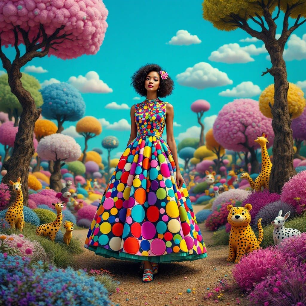 Polka Dot Woman in Surreal Pop Art Landscape
