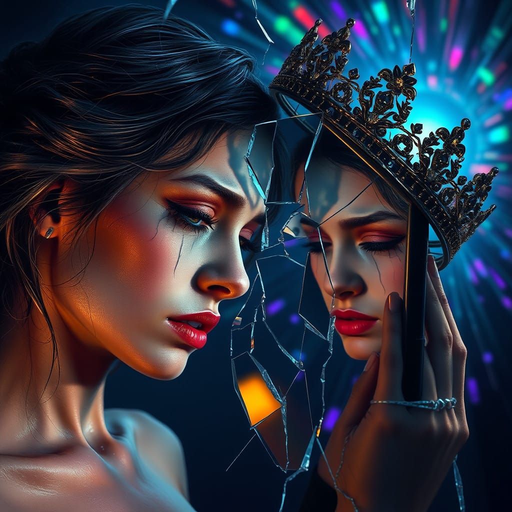 Distraught Woman Reflected in Shattered Mirror