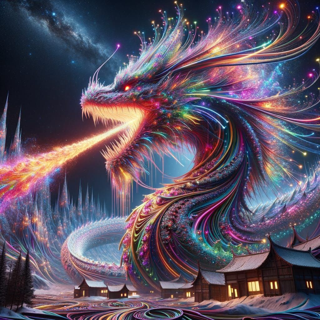 Fiber Optic Dragon Attacks Village at Night