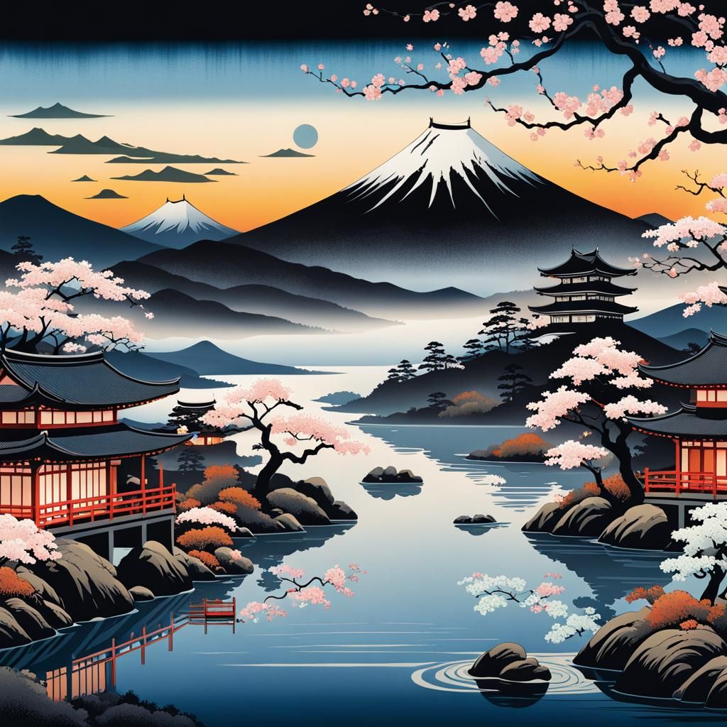 an image inspired by the Ukiyo-e tradition, a Japanese art form popularized during the Edo period. Create a scene featur...