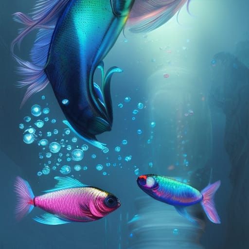 Iridescent Fish in Deep Dark Water, Rococo Fantasy
