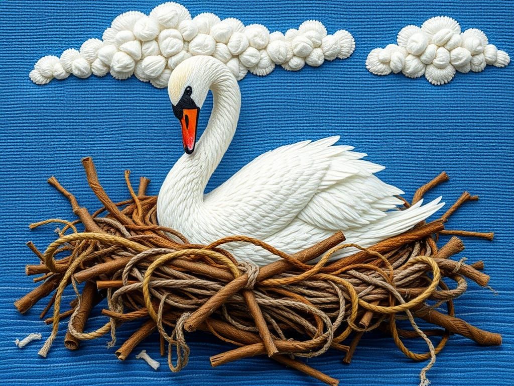 Embroidered Swan on Nest Needlepoint Textile Art