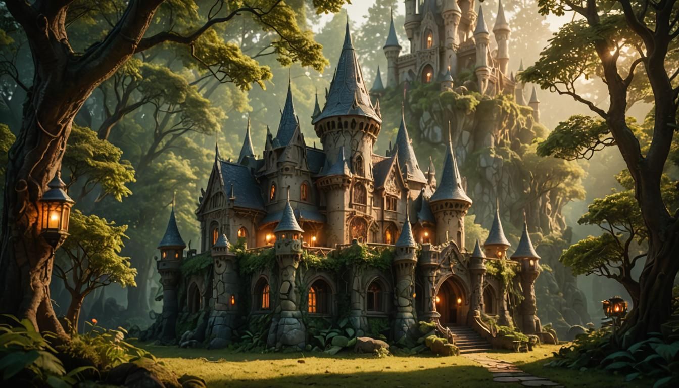 Mist-Shrouded Elven Castle in Enchanted Forest