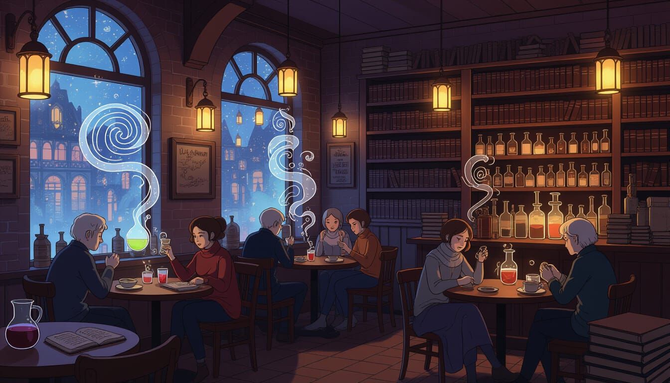Magical Cafe Interior with Stardust Patrons