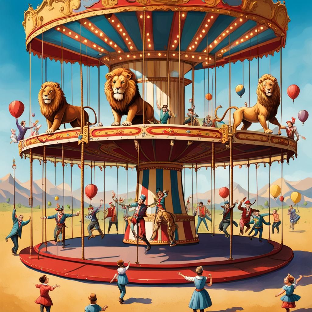 Outdoor Circus Scene with Carousel and Performers