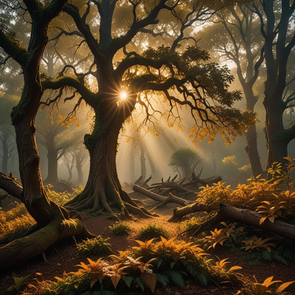 Epic Ancient Tree Amidst Golden Forest Sunset