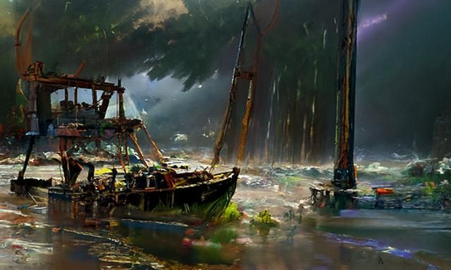 Shipwreck in Thunderstorm: Volumetric Lighting Concept Art