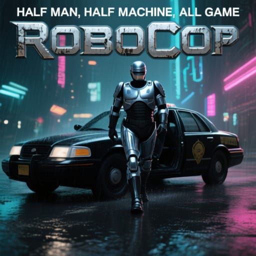 Robocop in Cyberpunk Cityscape