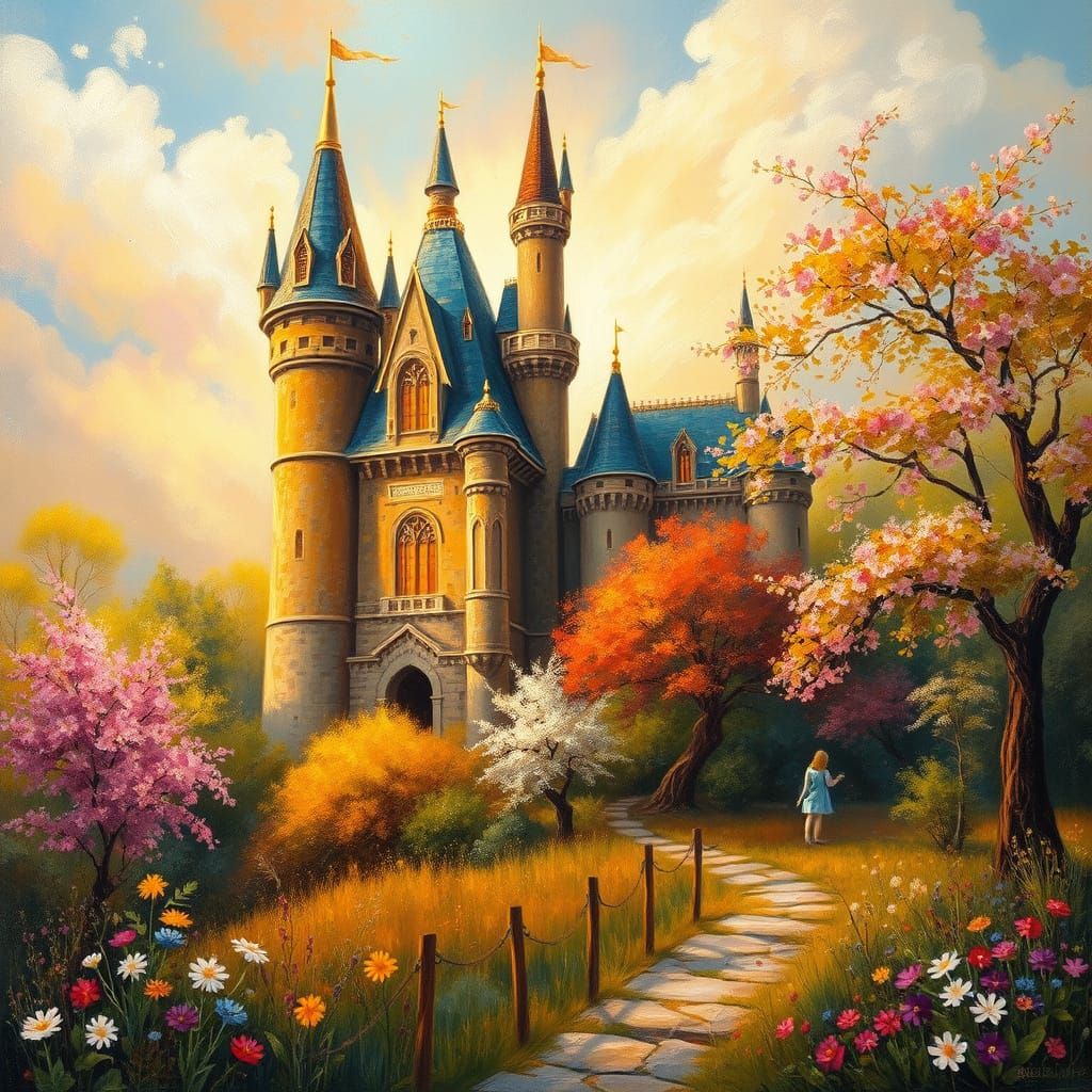 Whimsical Fantasy Castle Scene in Vibrant Oil Painting