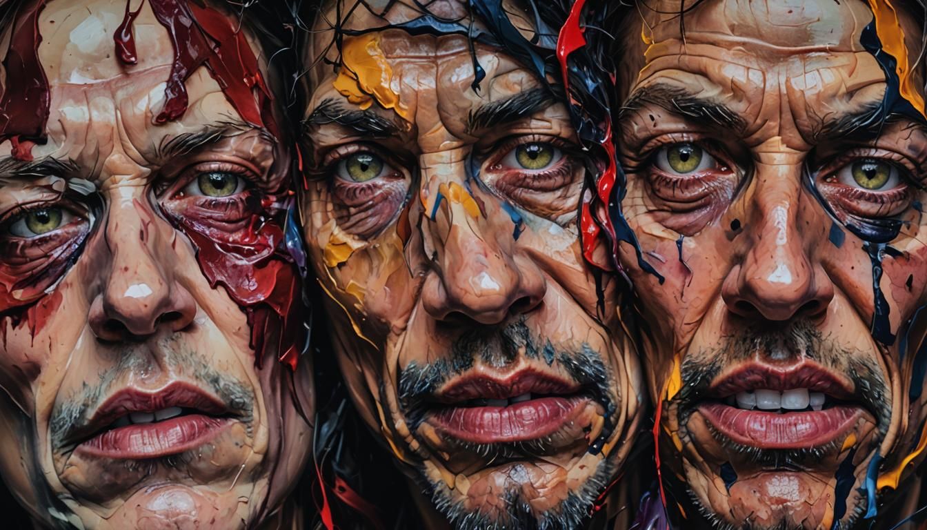 A collection of 4 images of disturbing, scary faces with a range of intense and unsettling expressions. Each image has a...