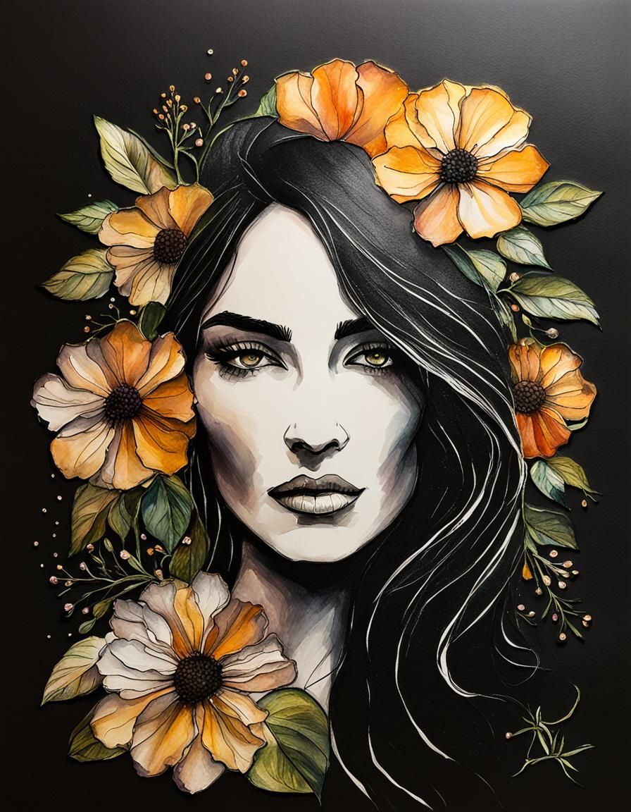 Woman with Flowers in Alcohol Ink Art