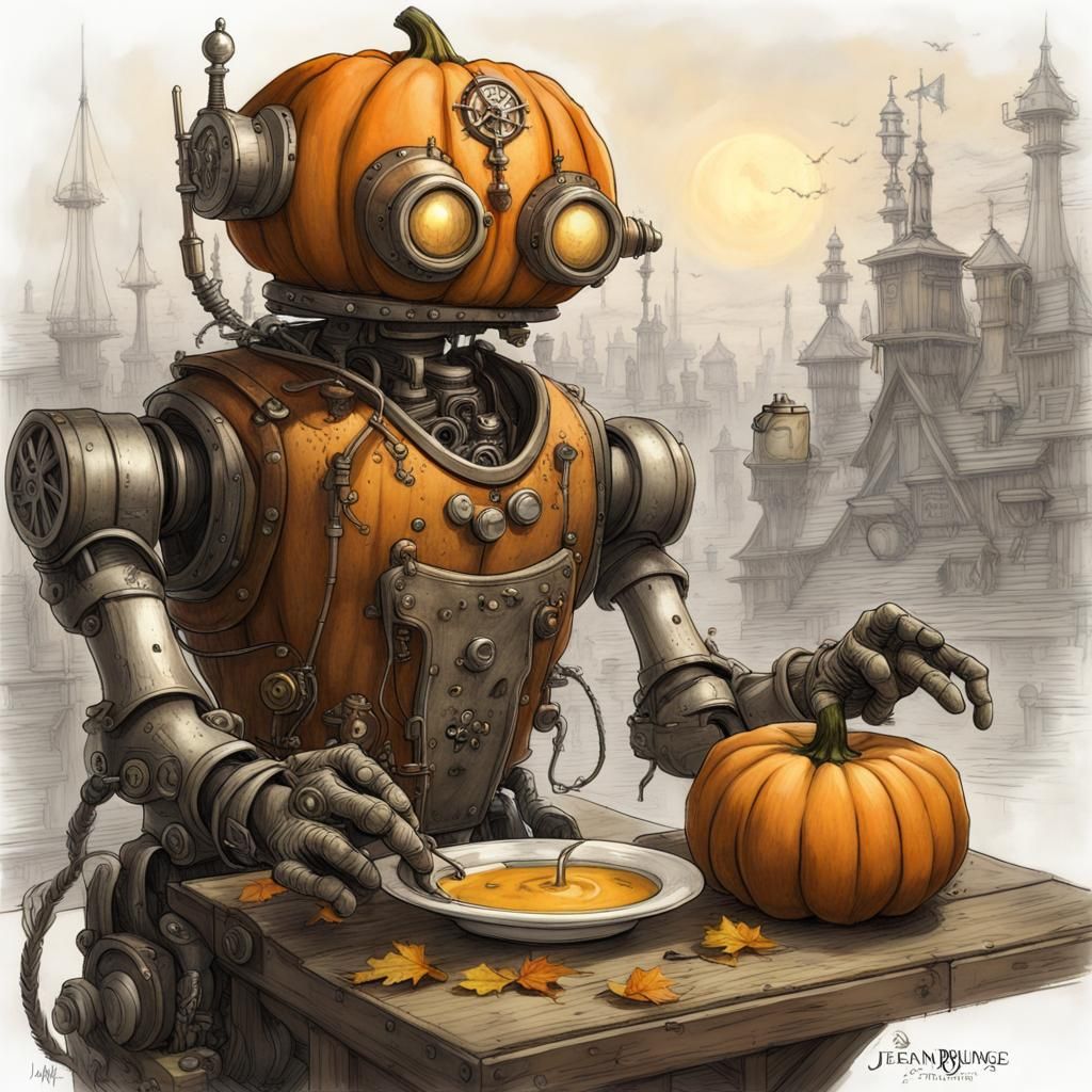Steampunk Robot Serves Pumpkin Soup, Digital Painting