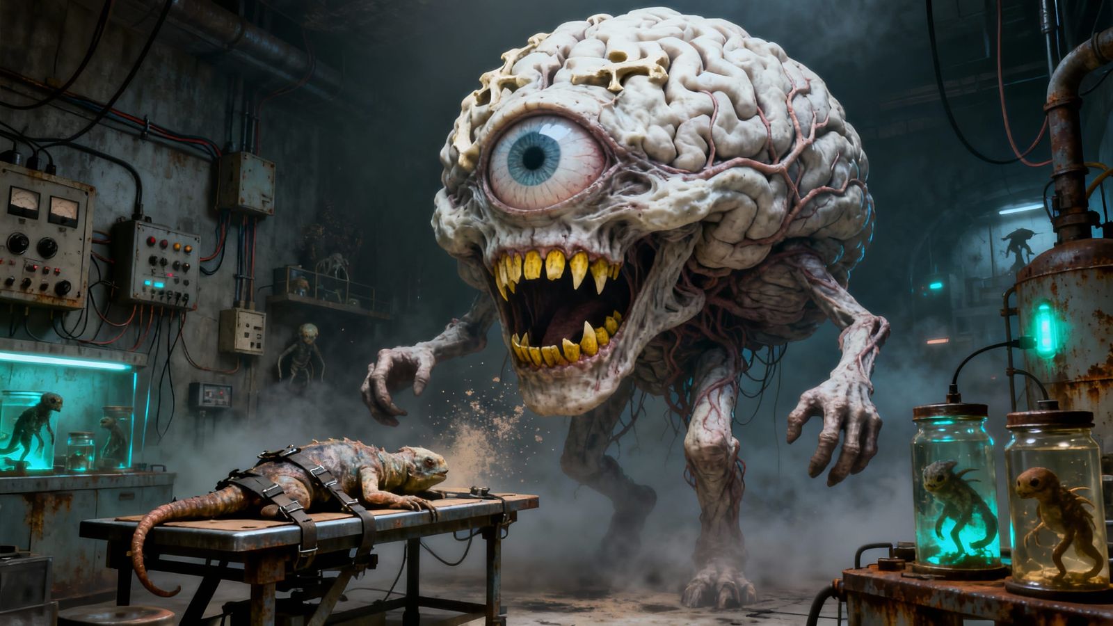 Giant Walking Brain Monster in Evil Lab