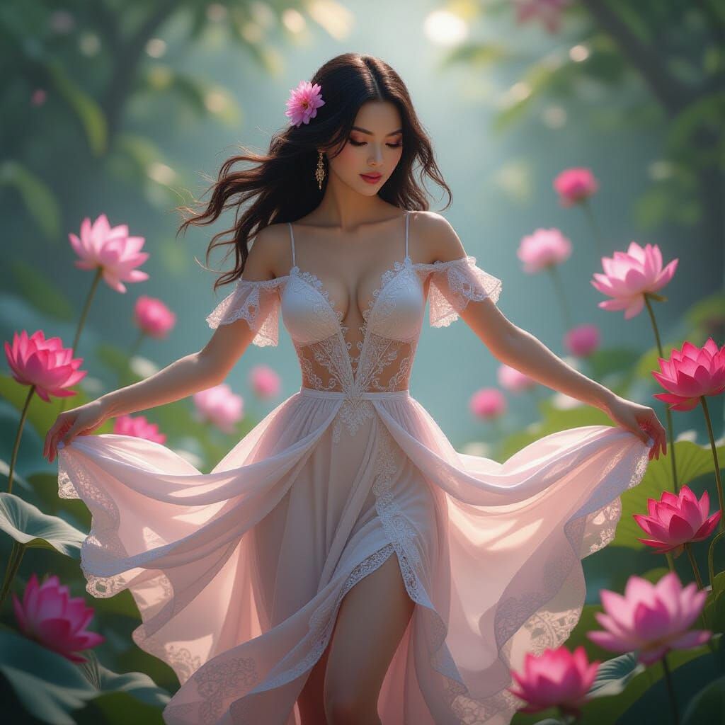 Woman Dancing in Flowers: Hyper-Realistic Digital Art