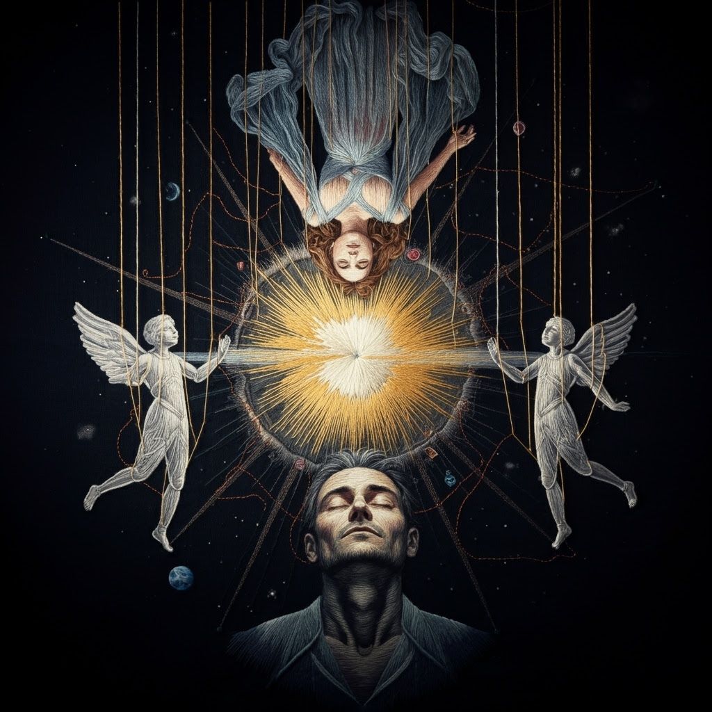 Embroidery Art: Woman in Transparent Dress and Space-Time Ri...