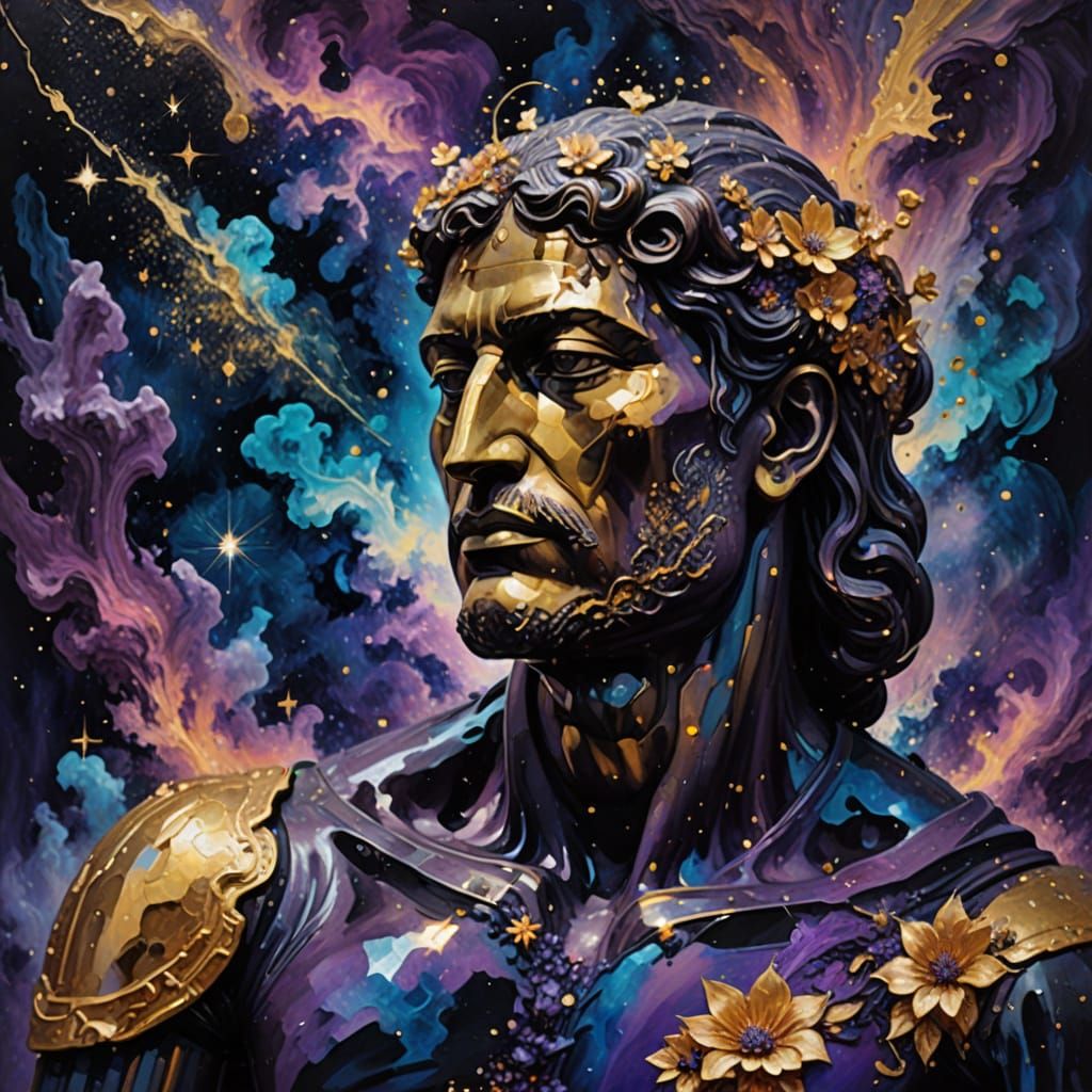 Colossal Obsidian Statue in Cosmic Nebula, Neo-Impressionist...