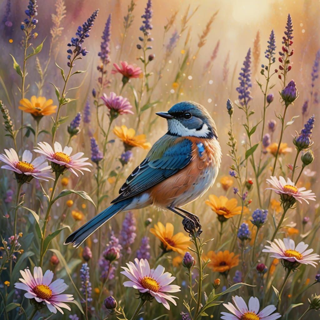 lora:Soft Winter:1.0 lora:Alcohol Ink Splash:1.0 lora:Cozy Pastel:1.0 lora:Cloisonne:1.0 ethereal vibrant songbird field...