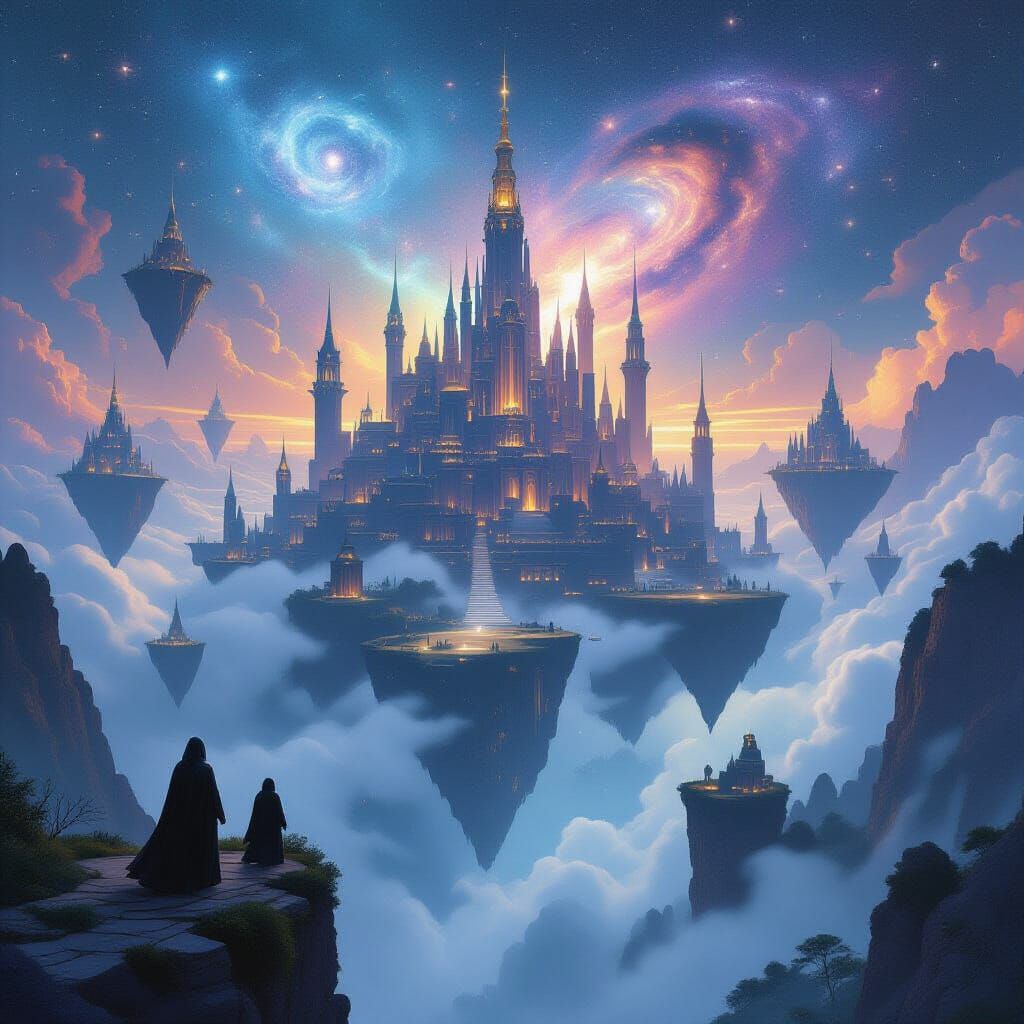 Mystical Floating City Amidst Swirling Galaxies