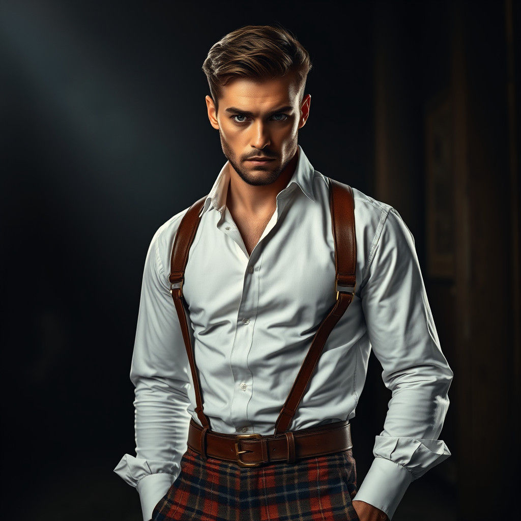 Hyperrealistic Man in Tartan Trousers and Bracers