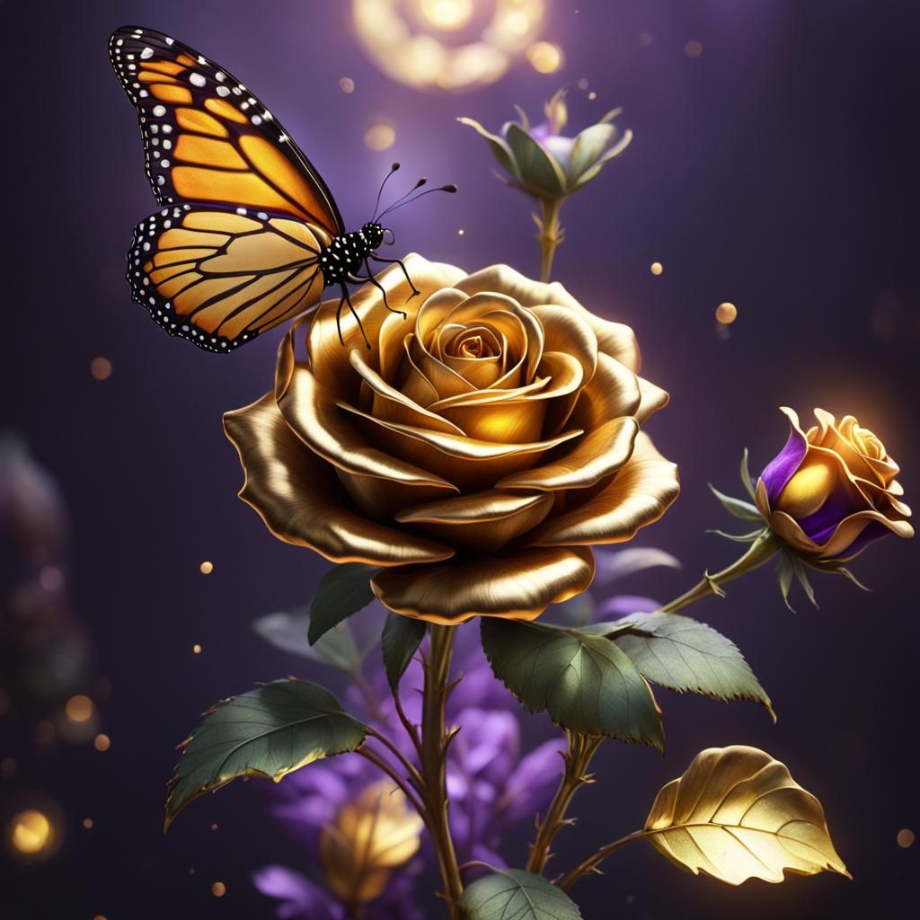 Golden Rose with Butterfly: Detailed Matte Painting