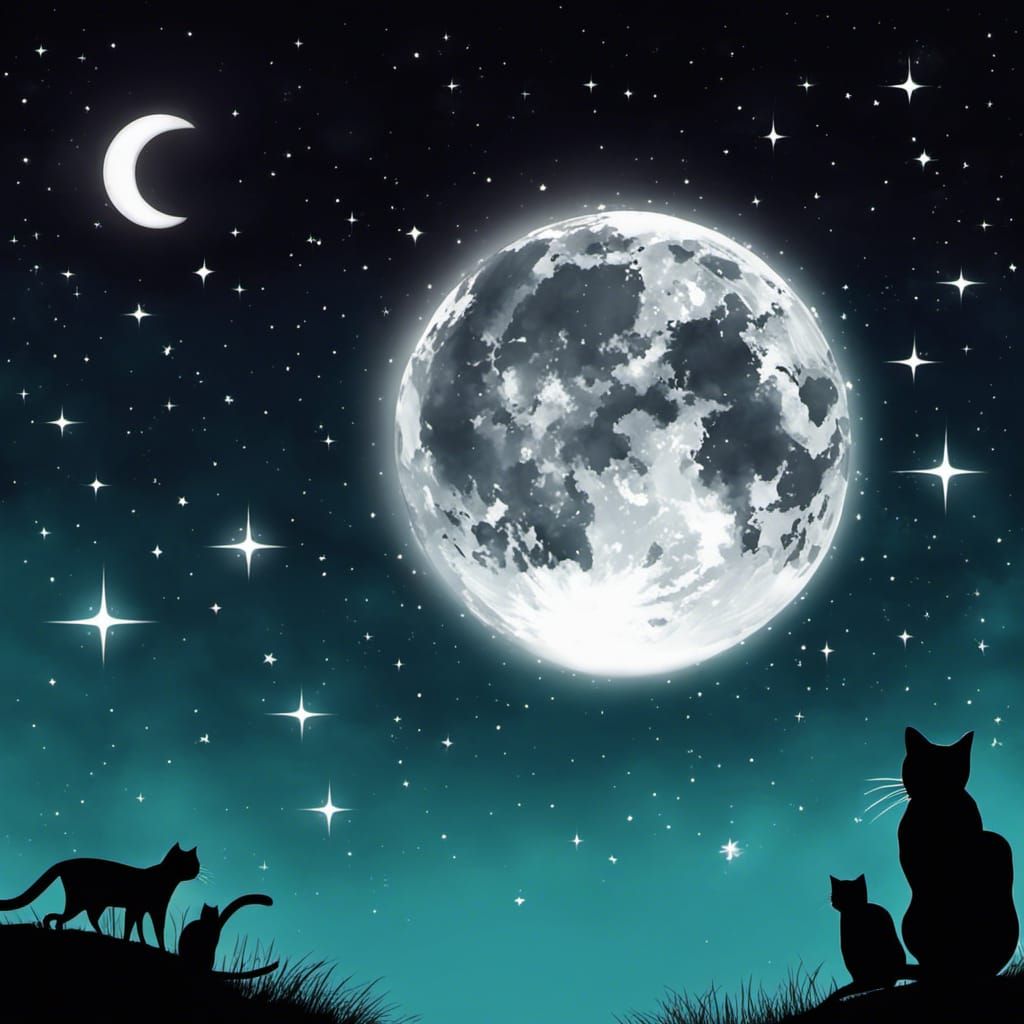 Cat Silhouette Gazing at Vibrant Stars and Moon