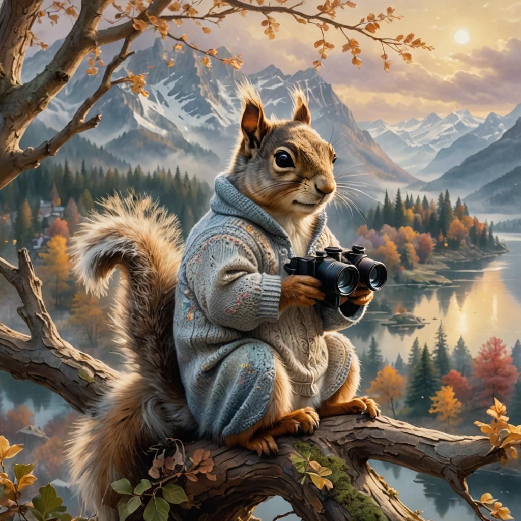 Squirrel with Binoculars in Ethereal Fantasy Landscape