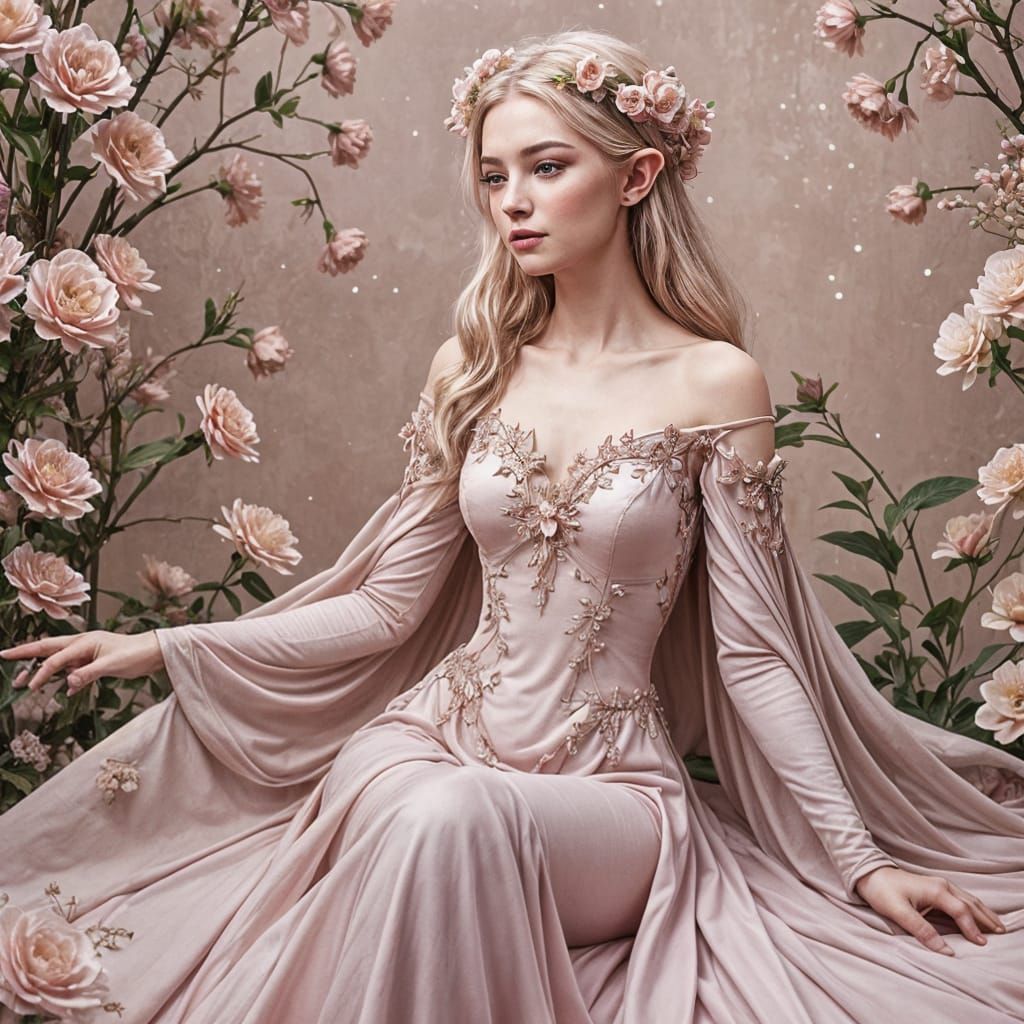 Pink Elf on Flower, Hyperdetailed Digital Art