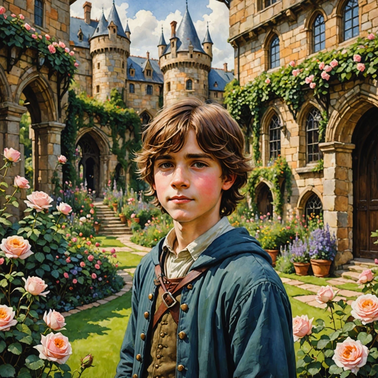 Medieval Castle Garden Scene in Watercolor Style