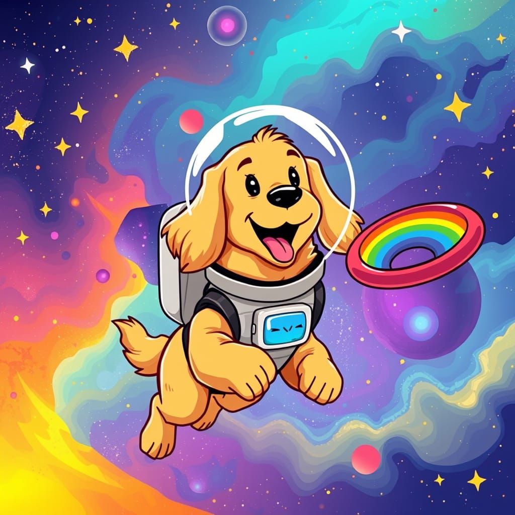 Golden Retriever in Spacesuit Chases Rainbow Frisbee Through...