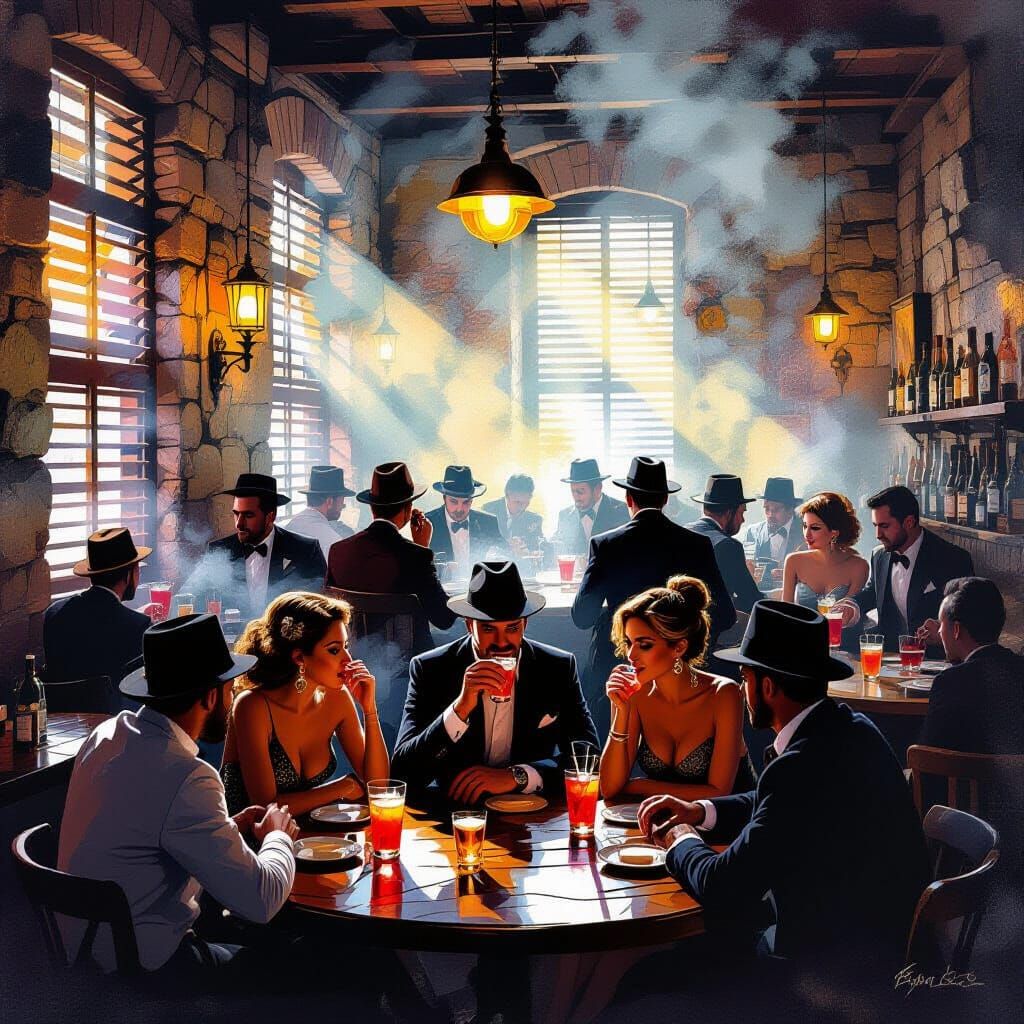Vibrant Speakeasy Scene with Abstract Impasto Elements