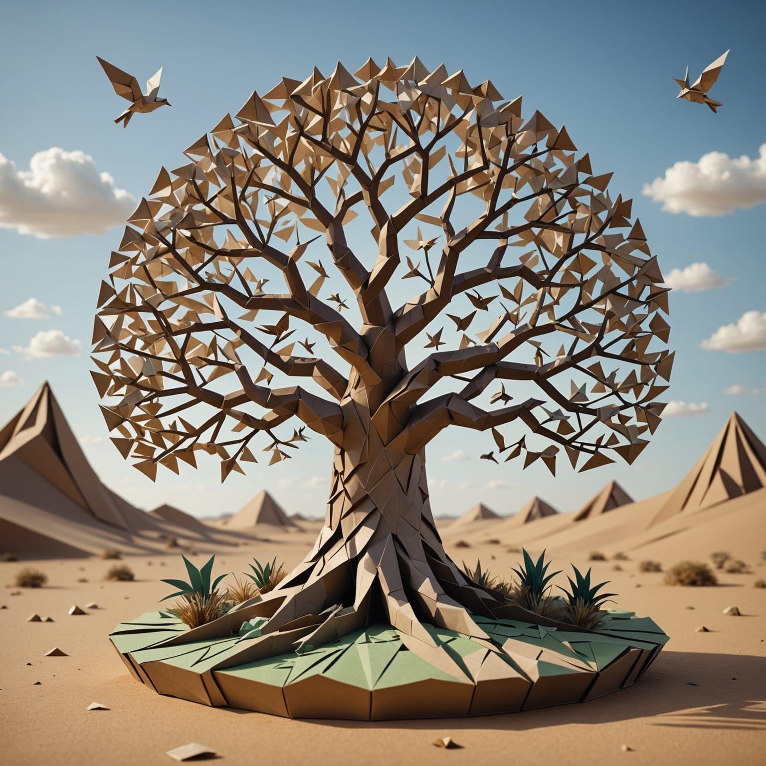 Ancient Origami Tree in Papercraft Low-Poly World