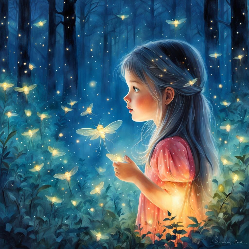 millions of bright fireflies in a warm enchanted forest at d...