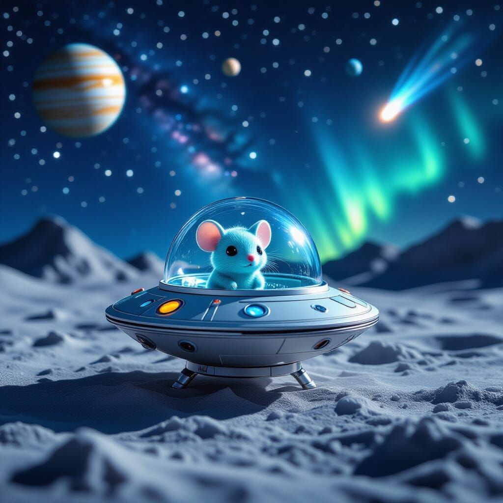 Miniature Alien Spaceship with Aqua Mouse on Moon