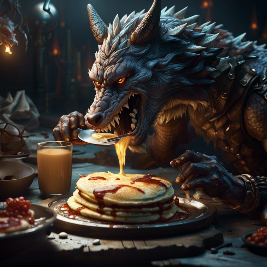 Wolf-Dragon Eats Pancakes: Dark Fantasy Concept Art
