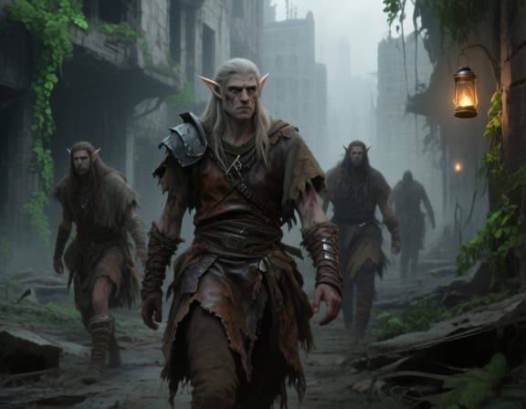 Post-Apocalyptic Elven Tribe in Overgrown Cityscape