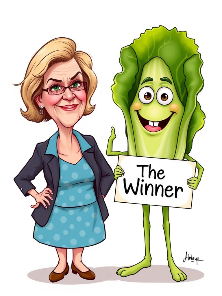 Comical Caricature of Liz Truss Beside Smiling Lettuce