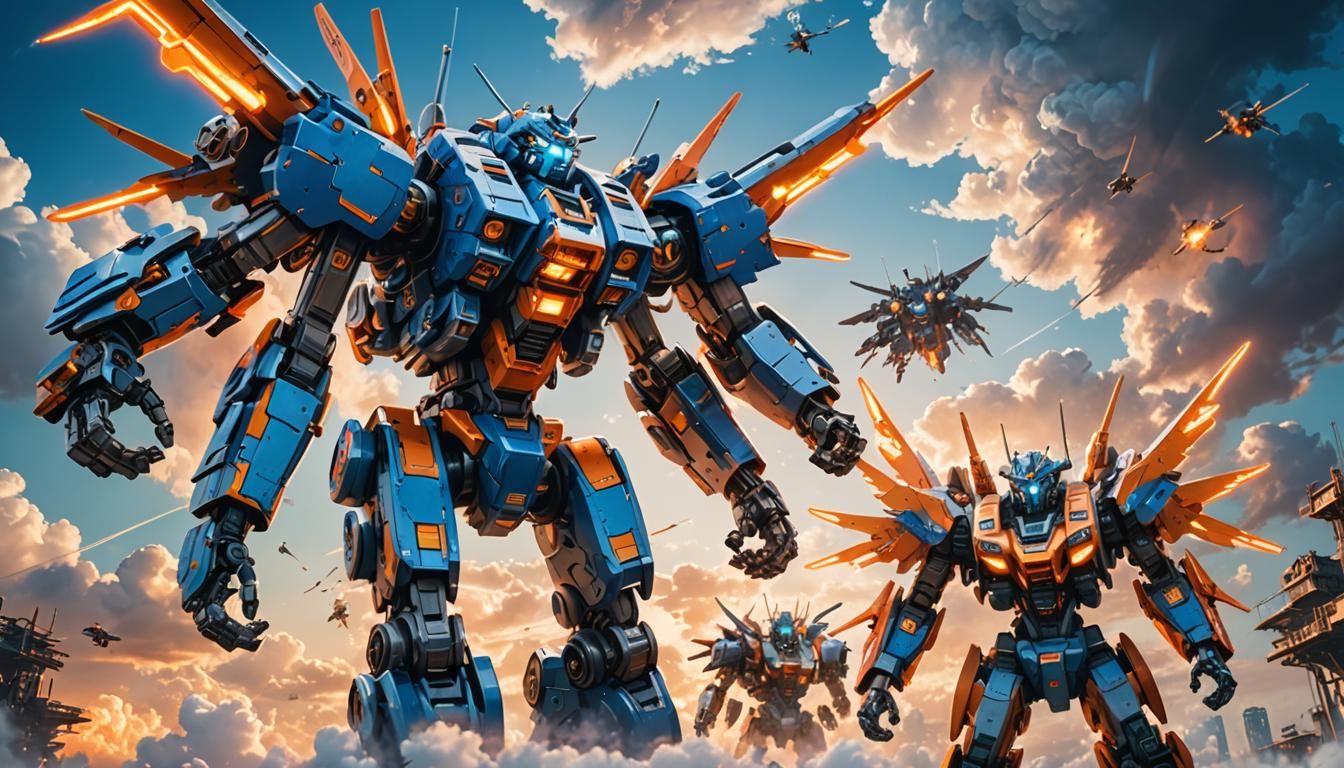 Mecha Aerial Battle in a Matte Painting Style