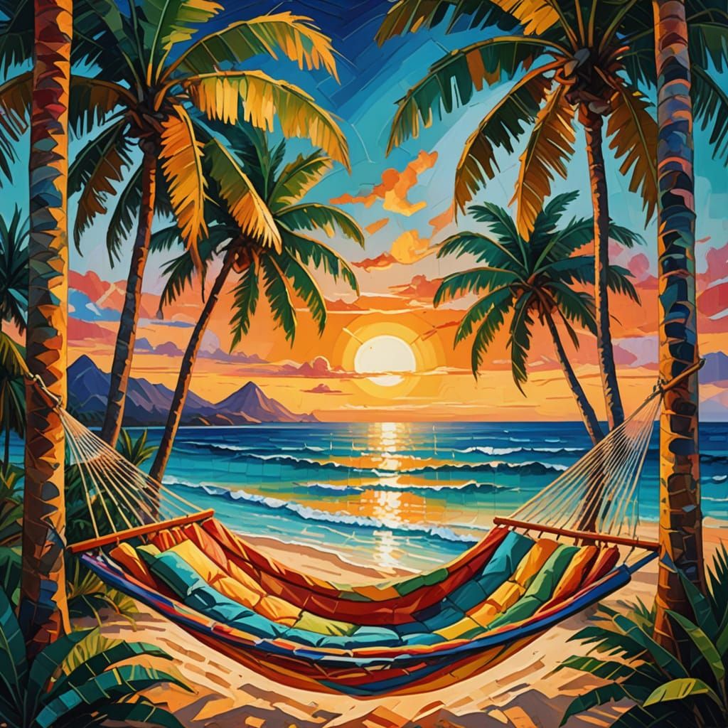 Surreal Hammock at Tropical Sunset, Vibrant Oil Painting